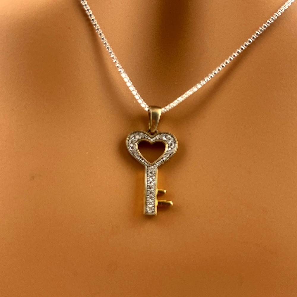 Real Diamond Heart Key necklace Gift for women, 10k Yellow Gold vermeil, SALE